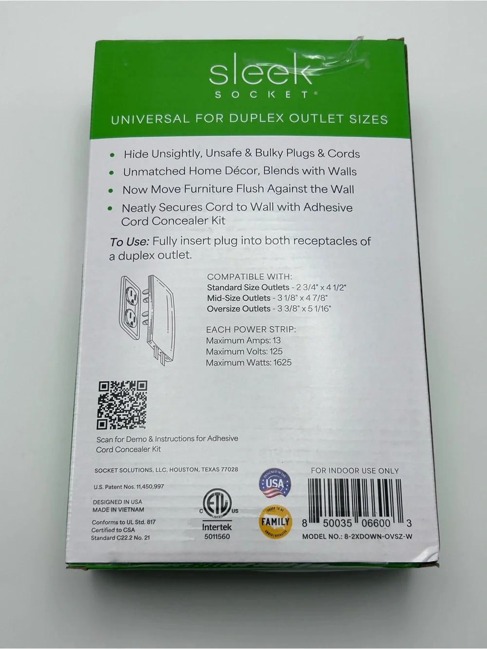 Sleek Socket Ultra-Thin Plug Concealer 8 ft 3 Outlet White Cord Concealer Kit